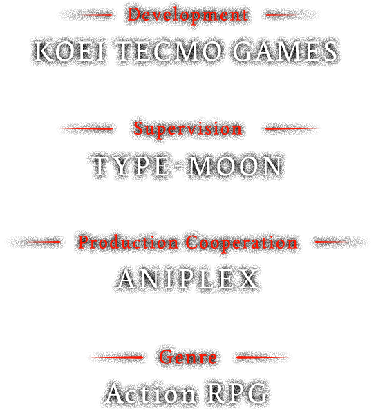 Development:KOEI TECMO GAMES、Supervision:TYPE-MOON、Production Cooperation:ANIPLEX、Genre: Action RPG